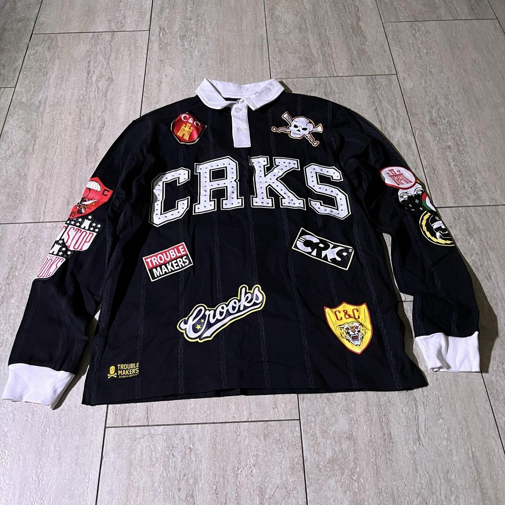 Crooks & Castles Mens Small Black Patchwork Rugby Polo Shirt Studded Skull NEW